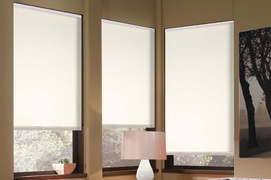 White window shades on dining room windows